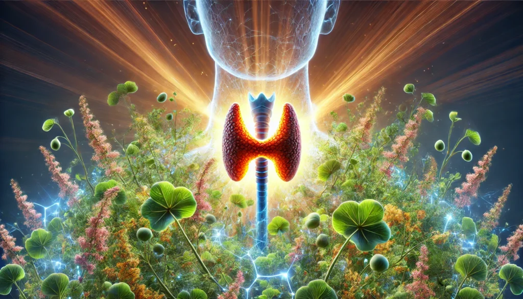 Artistic representation of a thyroid gland encircled by glowing Bacopa Monnieri plants, symbolizing the natural healing and supportive properties of the herb for thyroid health