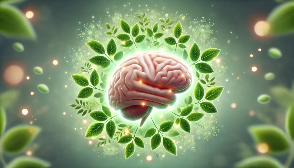 A glowing brain illustration surrounded by fresh Bacopa Monnieri leaves, symbolizing cognitive enhancement, mental clarity, and focus through natural herbal supplementation