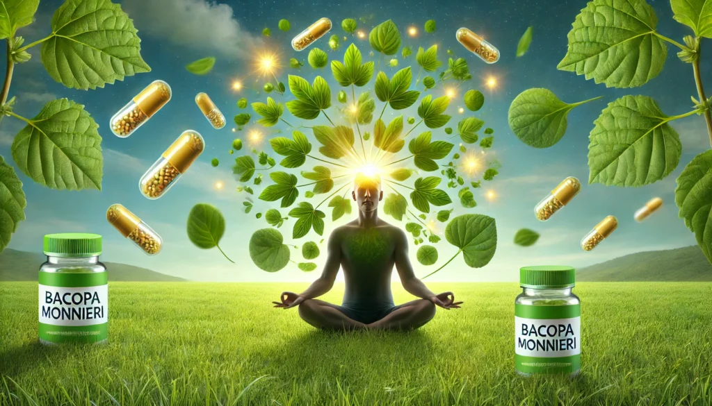 A person in a meditative pose on a lush green field, surrounded by floating Bacopa Monnieri leaves and herbal capsules, with a soft golden glow symbolizing enhanced memory, focus, and mental clarity