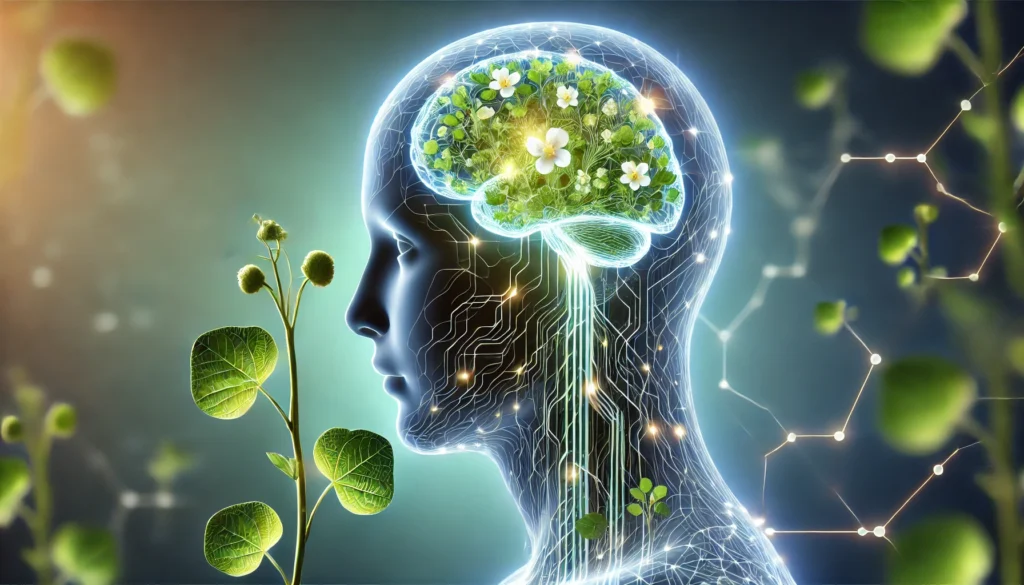 A transparent head silhouette with a glowing brain, interconnected with neural circuits made of Bacopa Monnieri vines and leaves, set against a soft blue and green glow representing natural cognitive enhancement and focus