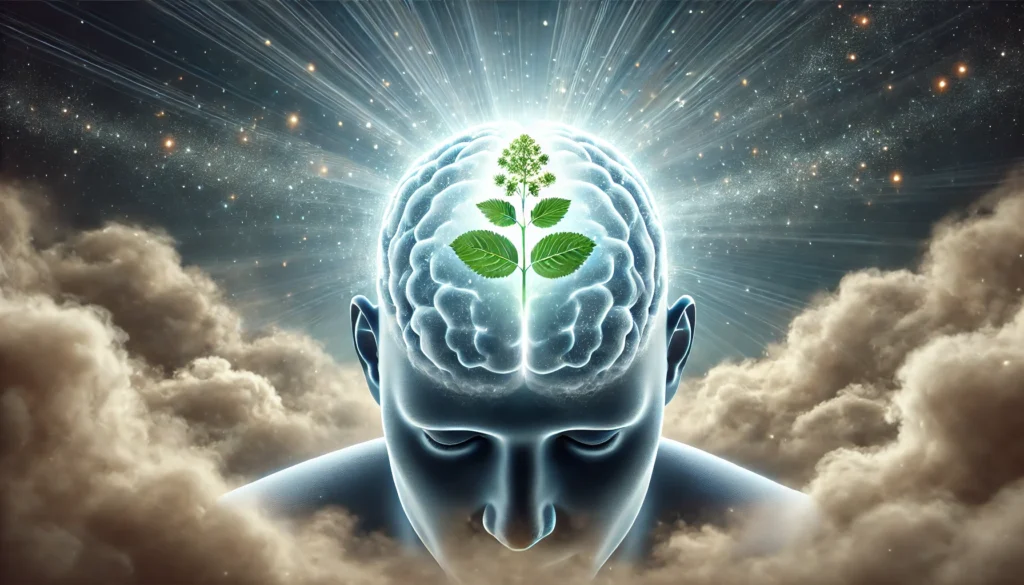 A conceptual image of a human brain surrounded by mist, representing brain fog. The mist clears to reveal a glowing Bacopa Monnieri plant at the center, symbolizing mental clarity and cognitive enhancement