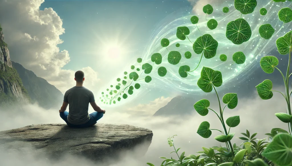 A serene meditation scene with a person sitting cross-legged on a rock, surrounded by light mist symbolizing brain fog. Green Bacopa Monnieri leaves swirl around, clearing the fog and revealing a bright sky, representing cognitive clarity and focus