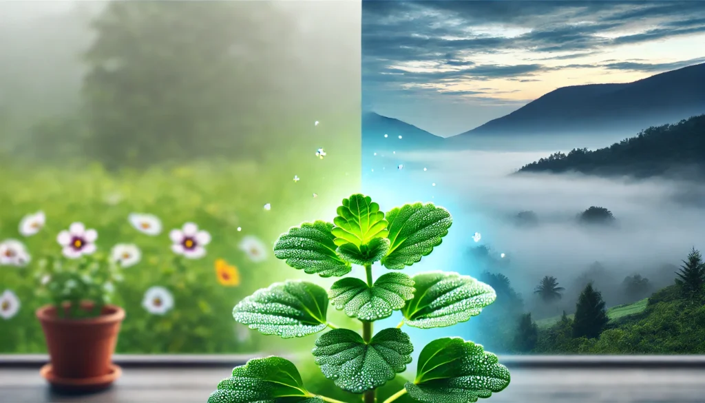 A vibrant close-up of a Bacopa Monnieri plant with dew-covered green leaves, symbolizing mental clarity. The blurred background transitions from a hazy landscape to a bright and focused scene, representing the plant's effect on clearing brain fog