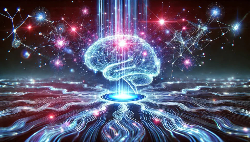 A futuristic digital visualization of glowing brain synapses firing with energy, depicting enhanced cognitive function. The image features a dynamic neural network with vibrant blue and purple hues, symbolizing improved focus and memory
