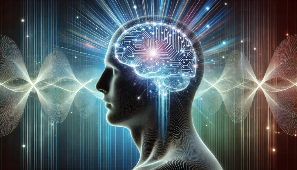 A futuristic digital illustration of a human silhouette with a glowing brain emitting waves of energy, symbolizing enhanced mental clarity and focus. Illuminated neural pathways highlight cognitive improvement, set against a high-tech, abstract background in cool tones