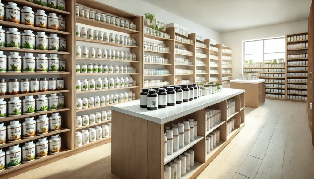 Bright and modern supplement store interior with well-organized shelves displaying premium herbal supplements, conveying quality and trust