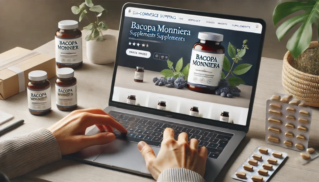 Laptop screen displaying an e-commerce website for high-quality Bacopa Monnieri supplements, with a hand interacting, highlighting online shopping convenience