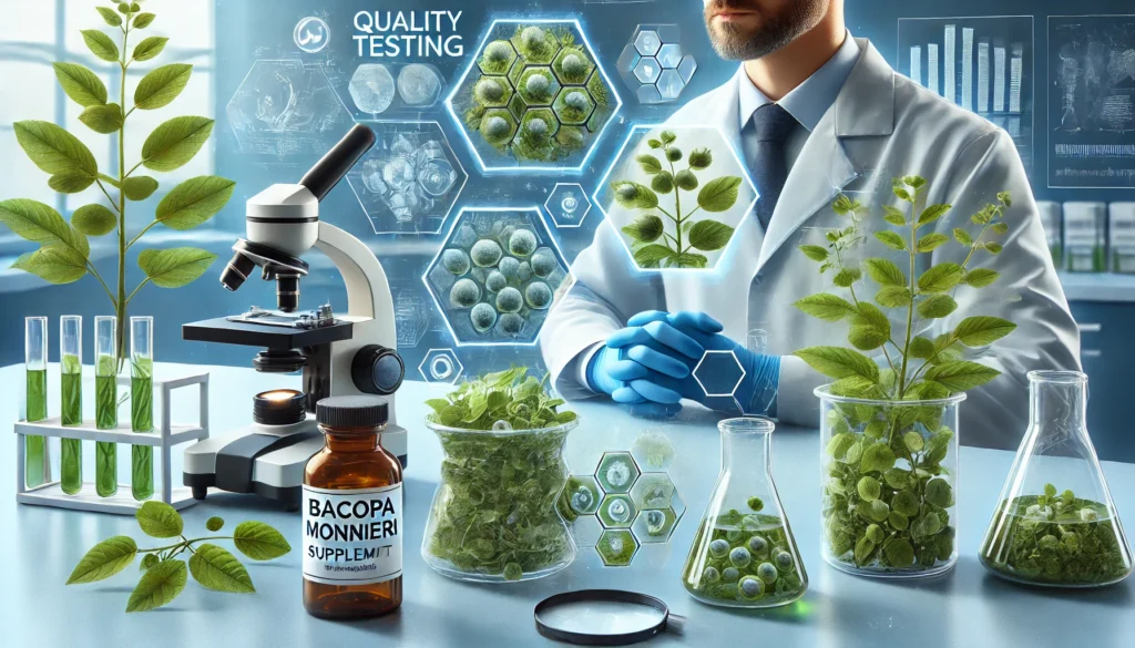 Scientist in a lab coat analyzing Bacopa Monnieri supplements in a laboratory with advanced equipment, symbolizing rigorous quality testing for cognitive enhancement