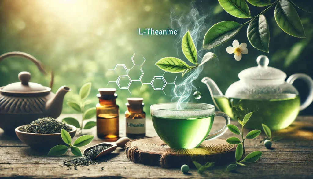 A tranquil natural scene featuring fresh green tea leaves and a steaming cup of tea, symbolizing the calming and cognitive-enhancing benefits of L-Theanine