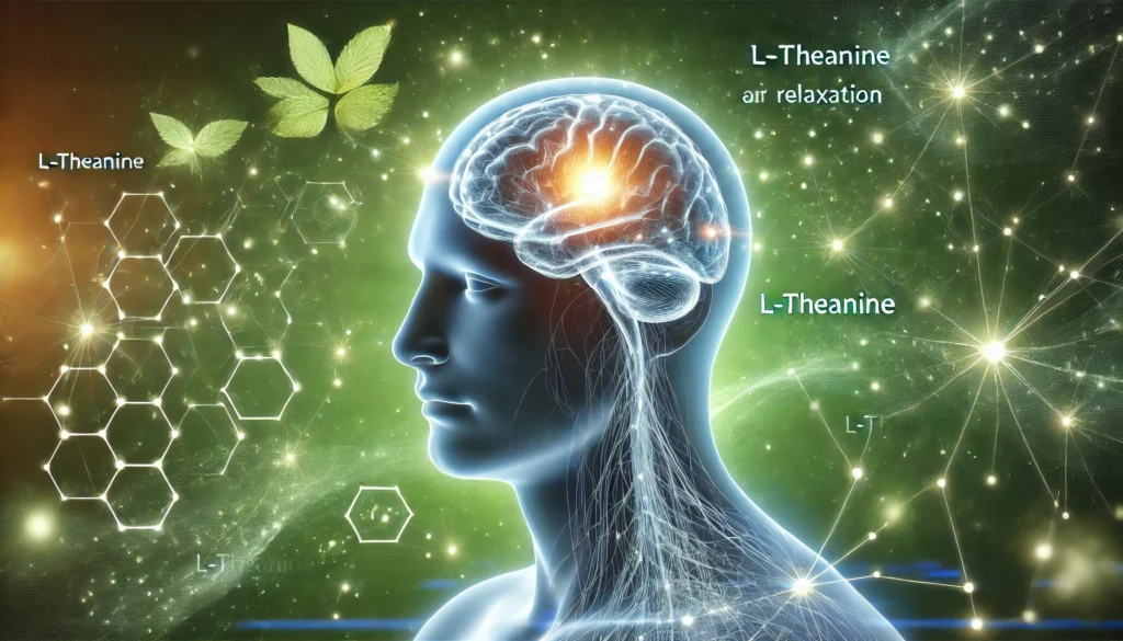 A glowing human brain with illuminated neural connections, surrounded by a calming green aura, symbolizing L-Theanine’s role in enhancing cognitive clarity and relaxation