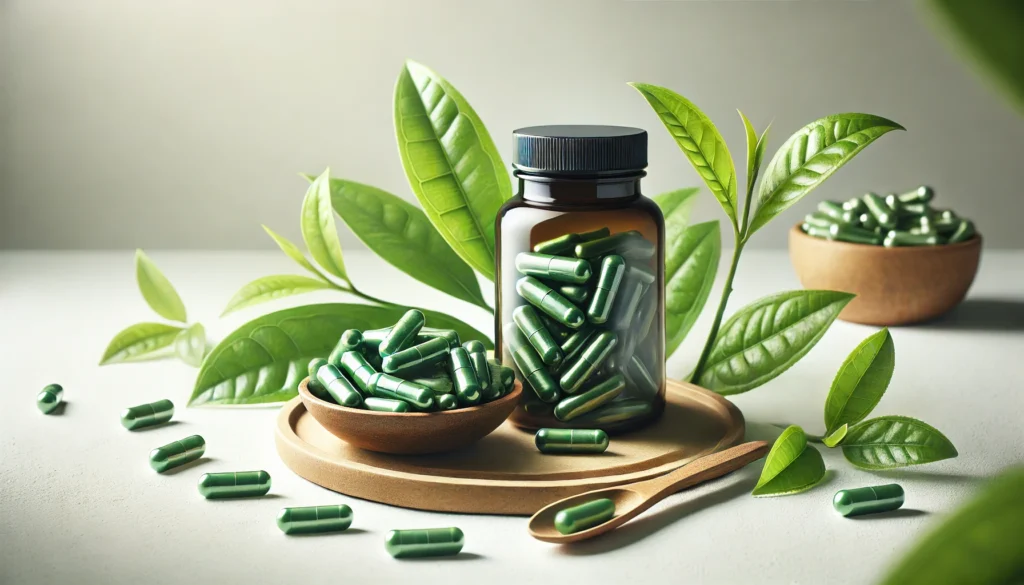 A bottle of L-Theanine supplements placed beside fresh green tea leaves, symbolizing the natural source and cognitive benefits of the supplement in a clean, wellness-focused setting