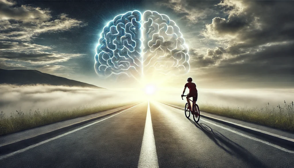 A cyclist riding along an open road as the morning fog clears, revealing a bright horizon, visually representing the transition from mental fog to clarity through physical activity.