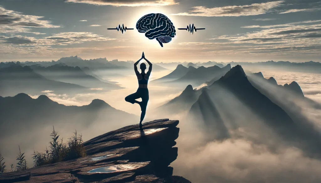 A person practicing yoga on a mountaintop as mist lifts, revealing a breathtaking view, symbolizing balance, mindfulness, and cognitive enhancement through exercise.