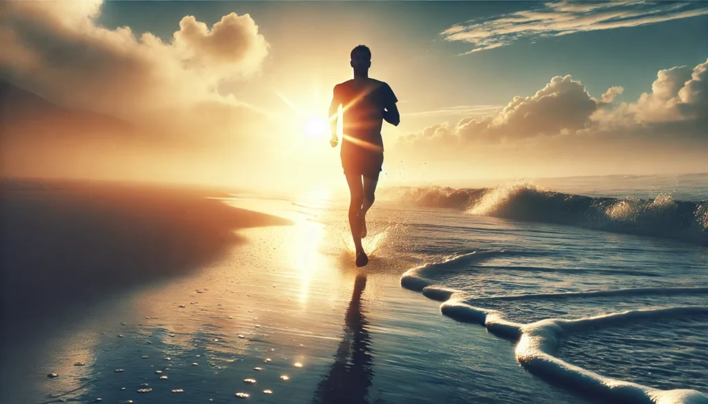 A silhouette of a runner on a beach at dawn, moving forward as mist clears over the water, with sunlight reflecting on the waves, representing mental clarity through movement.