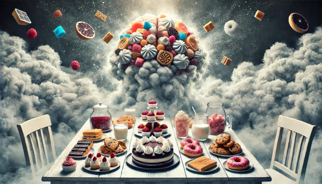 A surreal table filled with cakes, cookies, and donuts, surrounded by fog, visually representing the impact of excessive sugar on mental clarity and cognitive function.