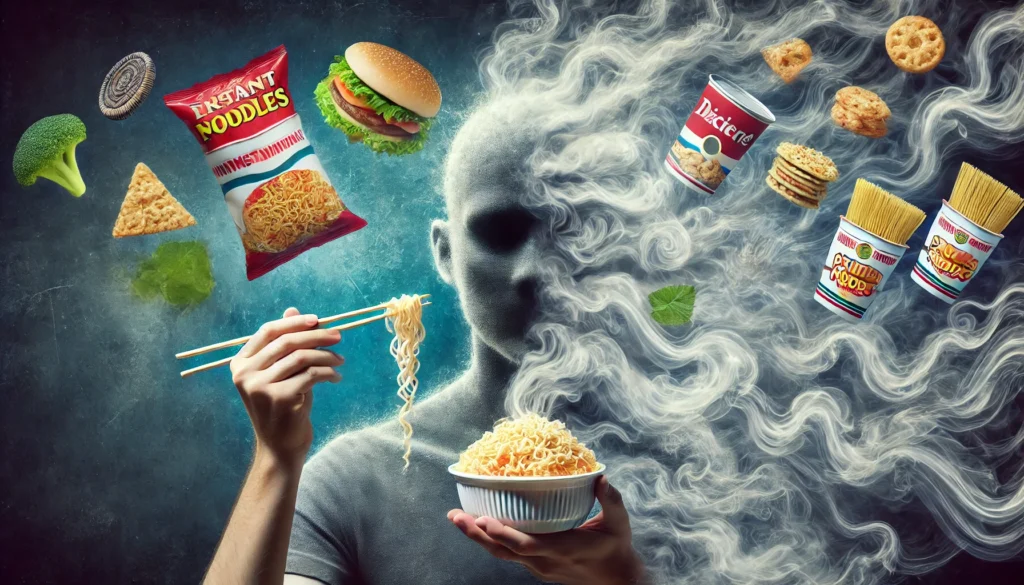 A person reaching for a processed meal, such as instant noodles and packaged snacks, while their head is enveloped in swirling fog, symbolizing how highly processed foods contribute to brain fog.