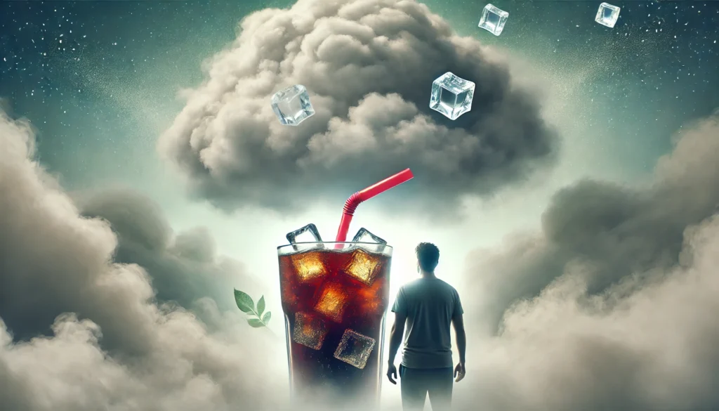 A conceptual image of a person drinking an oversized cup of soda, surrounded by a hazy atmosphere, representing how excessive sugar and artificial ingredients lead to cognitive decline and lack of focus.