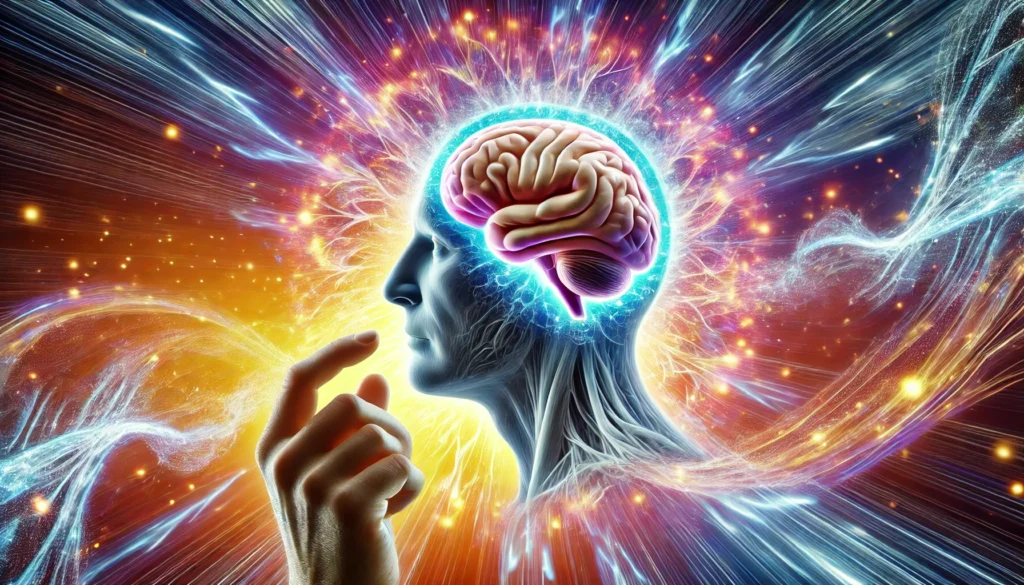 A brain surrounded by vibrant energy waves, symbolizing neural rejuvenation and cognitive restoration. The background is bright and dynamic, emphasizing mental vitality and longevity.