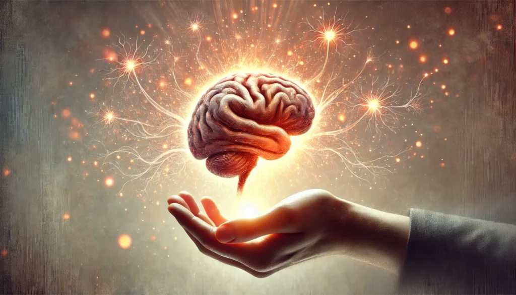 A person holding a glowing brain with neural sparks around it, symbolizing cognitive renewal and brain health. The background is soft and radiant, emphasizing mental strength and regeneration.