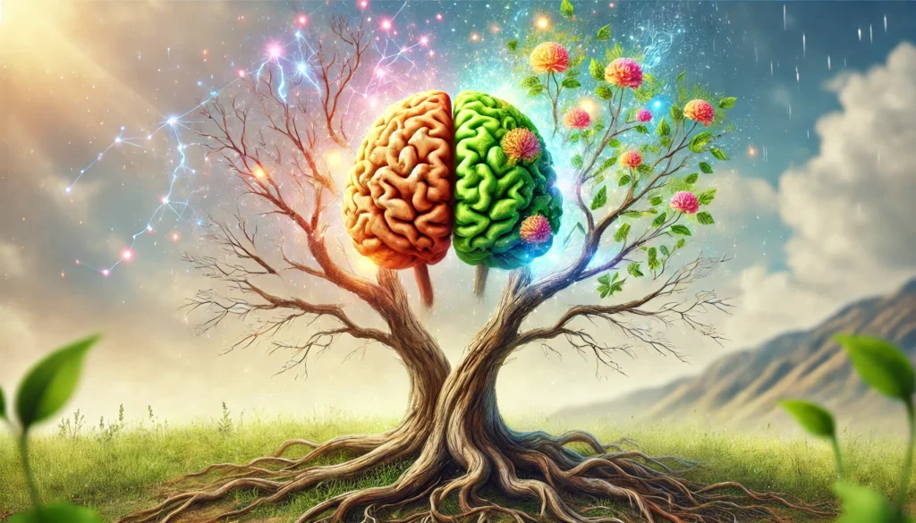 A tree with vibrant new branches growing from an older trunk, symbolizing cognitive regeneration and brain health. The background is bright and natural, emphasizing renewal and mental vitality.