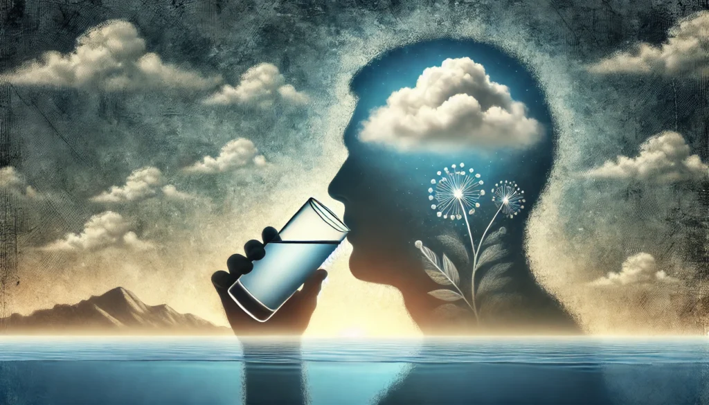 A peaceful image of a person drinking water against a serene background, with mist clearing to symbolize hydration as a key strategy for improving cognitive function in POTS syndrome.