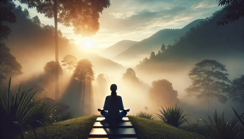 A person meditating outdoors in soft morning light, surrounded by a misty atmosphere that gradually clears, representing mindfulness and relaxation techniques for reducing brain fog.
