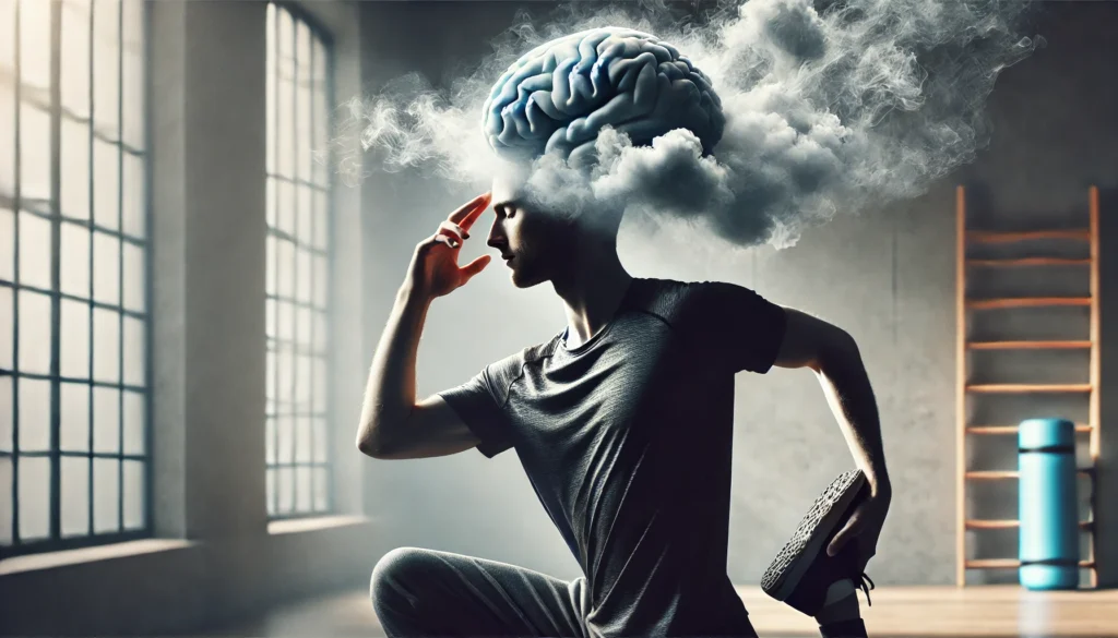 A dynamic image of a person stretching indoors, with a subtle fog lifting around their head, symbolizing the benefits of light exercise in reducing POTS-related brain fog and improving focus.