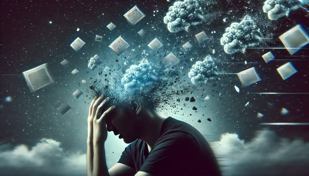 A person struggling to stay awake with blurred memory fragments floating away, symbolizing the effects of fatigue on cognitive function. The background is dark and moody, emphasizing exhaustion and forgetfulness.