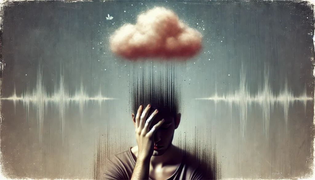 A person holding their head with a fading thought bubble above them, symbolizing mental exhaustion and forgetfulness. The background is soft and dim, emphasizing the struggle of cognitive fatigue.