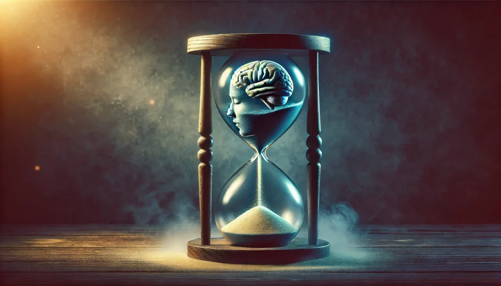 A dimly lit hourglass with sand fading away, symbolizing the slow depletion of mental energy and cognitive decline due to exhaustion. The background is dark and moody, emphasizing mental fatigue and forgetfulness.