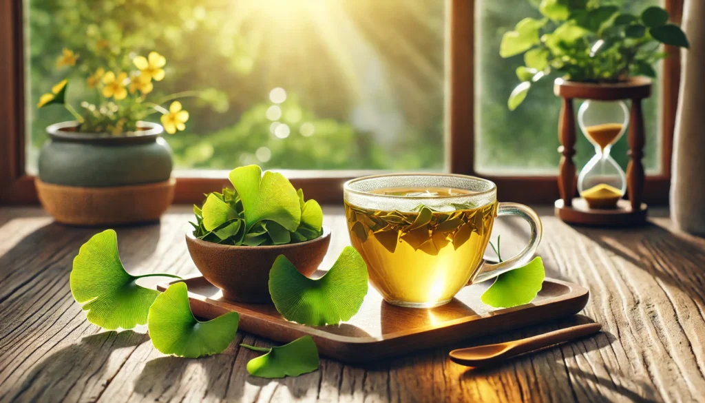 A serene setting with a cup of herbal tea infused with Ginkgo Biloba leaves on a wooden table, bathed in sunlight, symbolizing the calming and cognitive-boosting effects of this herbal supplement.