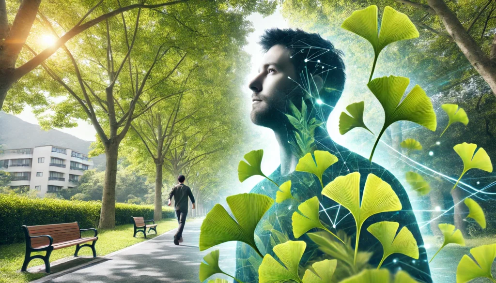 A person in a lush green park, appearing refreshed and focused, with Ginkgo Biloba leaves subtly integrated into the background, representing the positive effects of this herb on mental clarity and overall well-being.