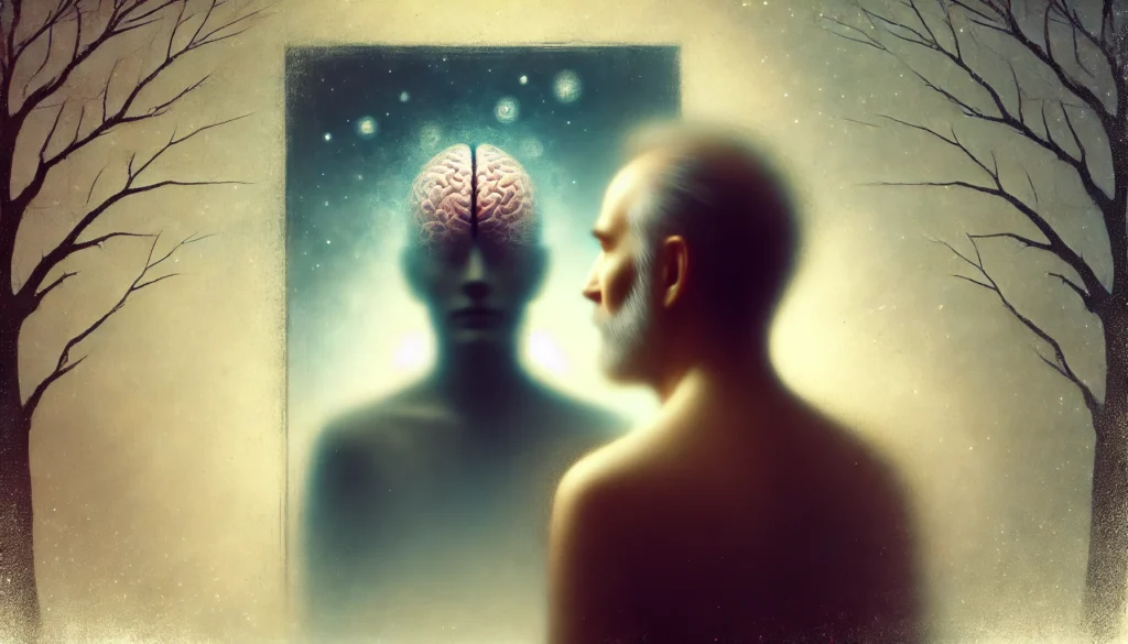 A person looking at a blurred reflection in the mirror, symbolizing the struggle to recognize one's own past and identity. The background is soft and mysterious, emphasizing the confusion caused by memory loss.