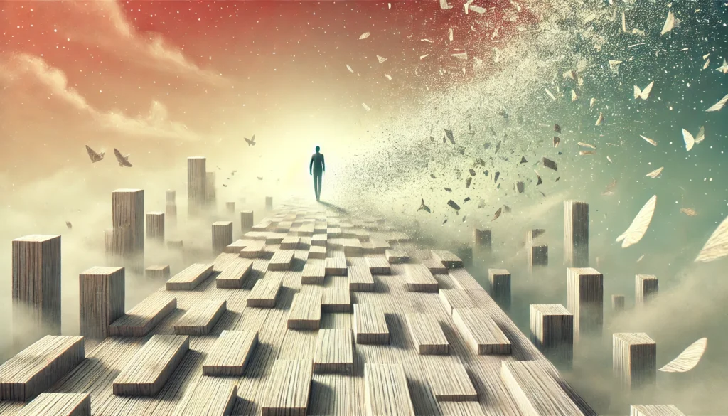 A person walking on a fragmented pathway that disappears behind them, symbolizing lost memories and an uncertain past. The background is soft and surreal, emphasizing the difficulty of recalling past experiences.
