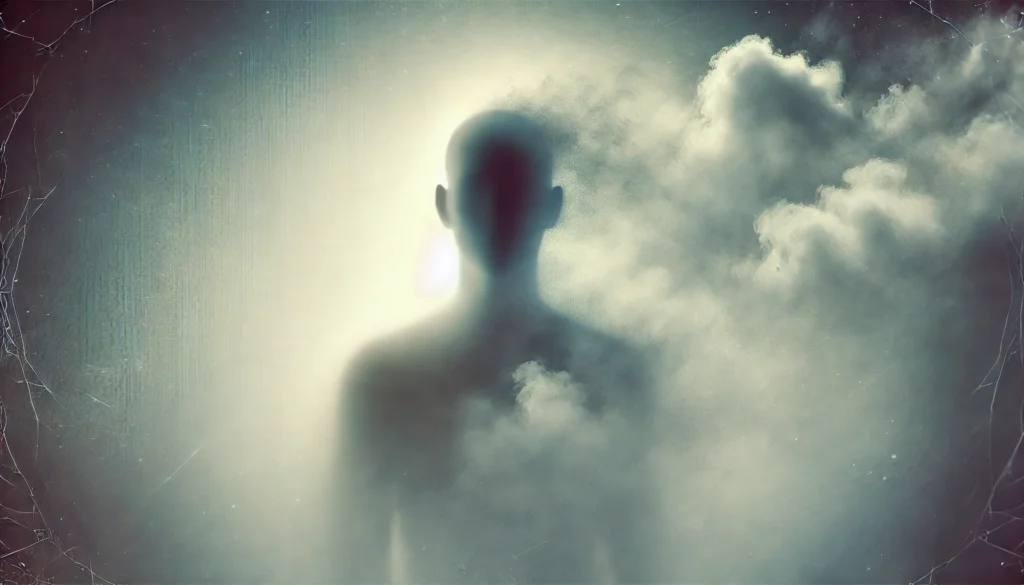 A foggy human silhouette fading into the mist, symbolizing memory loss and the inability to recall past events. The background is soft and mysterious, emphasizing the fading nature of memories in amnesia.