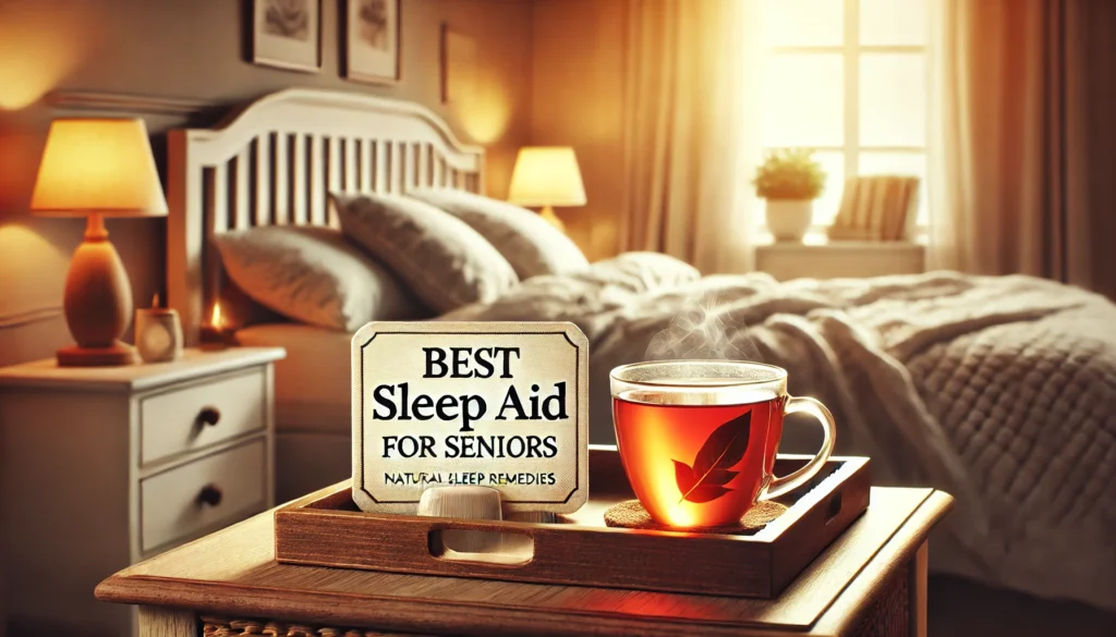 A warm cup of herbal tea on a bedside table next to a cozy bed, symbolizing natural sleep remedies. The background is soft and peaceful, emphasizing relaxation and comfort.