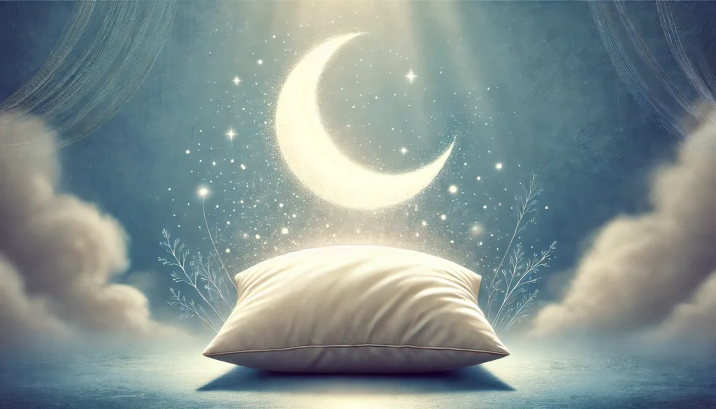 A soft, cozy pillow with gentle moonlight shining on it, symbolizing a restful night’s sleep. The background is calm and dreamy, emphasizing comfort and relaxation.
