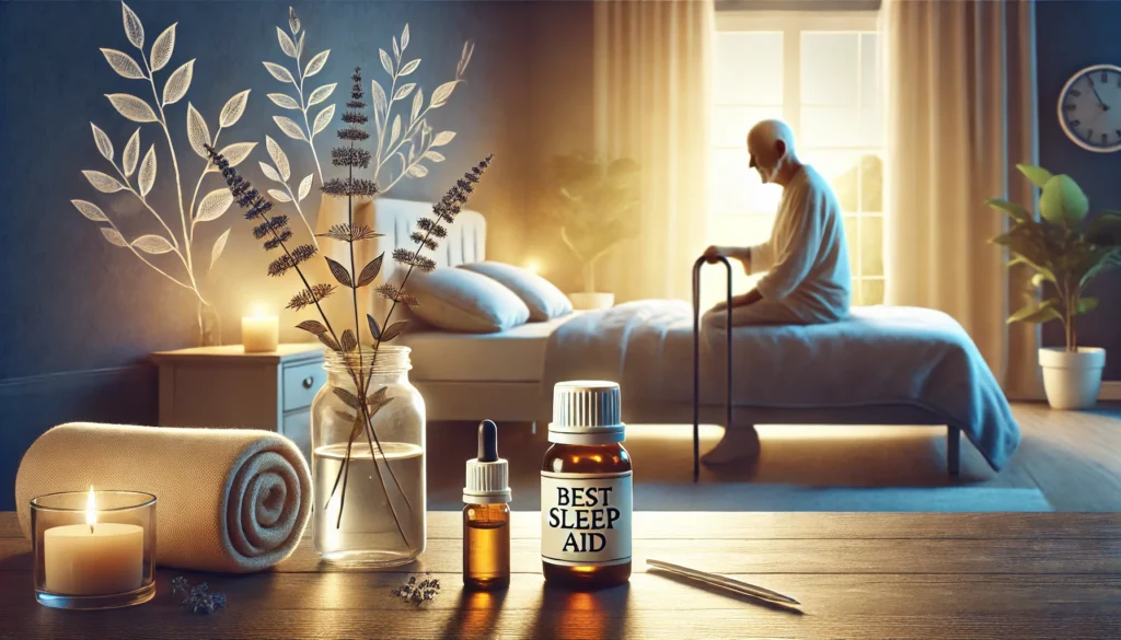 A peaceful bedroom with dim lighting, essential oils, and a comfortable bed, symbolizing an ideal sleep environment. The background is soft and tranquil, emphasizing restfulness and relaxation.