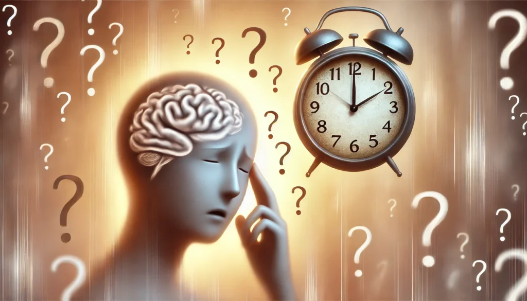 A person looking at a clock but appearing confused, symbolizing disorientation and difficulty keeping track of time. The background is soft and warm, emphasizing the subtle changes in cognitive function.