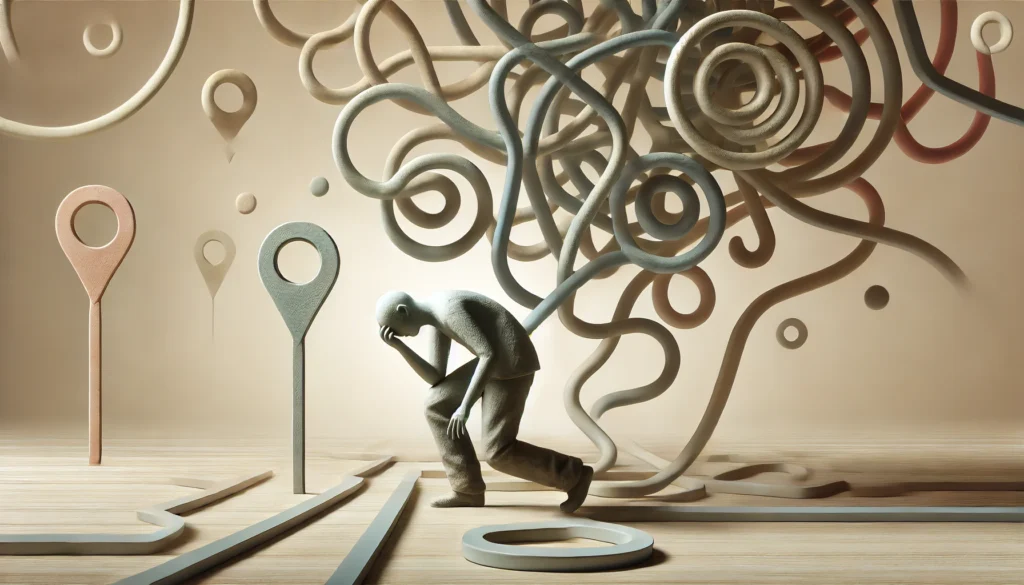 A person struggling to find their way in a familiar place, symbolizing spatial disorientation and confusion. The background is soft and neutral, emphasizing cognitive decline and early dementia symptoms.