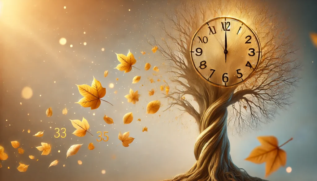 A tree with golden leaves slowly shedding, symbolizing the passage of time and the aging process. The background is soft and serene, emphasizing the beauty of growing older.