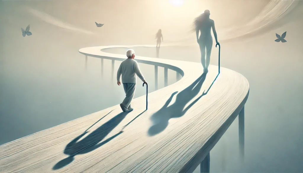 An elderly person walking down a long winding path, with shadows of their younger self behind them, symbolizing the journey of life and the passage of time. The background is soft and peaceful, emphasizing the wisdom and experiences gained through aging.