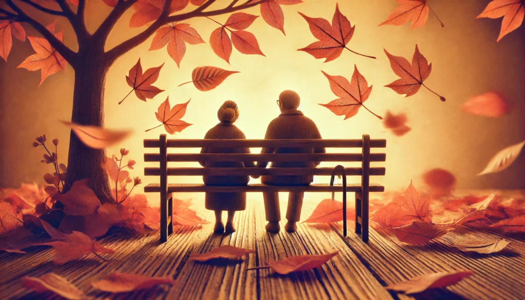 An elderly couple sitting on a park bench, surrounded by falling autumn leaves, symbolizing the beauty and nostalgia of growing older. The background is soft and warm, emphasizing the passage of time and companionship in later years.