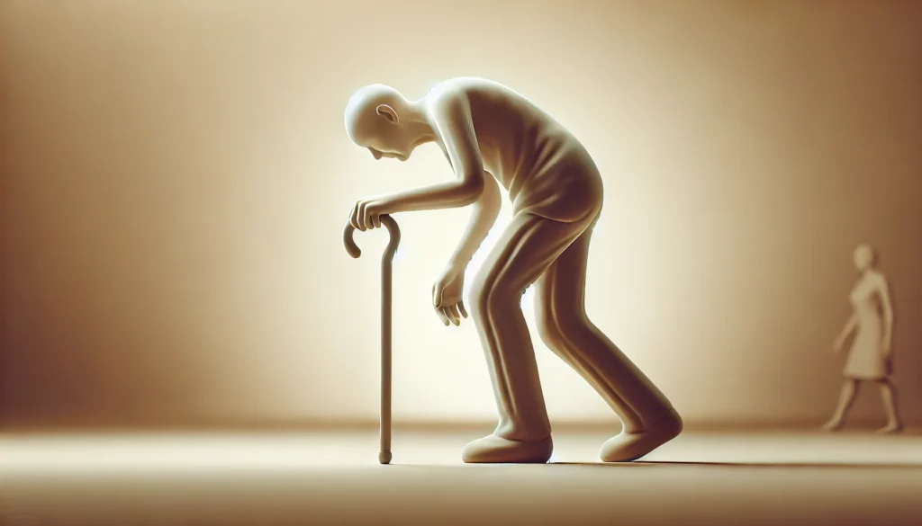 An elderly person struggling to walk with a cane, symbolizing mobility issues and physical frailty. The background is soft and neutral, emphasizing the challenges of aging.