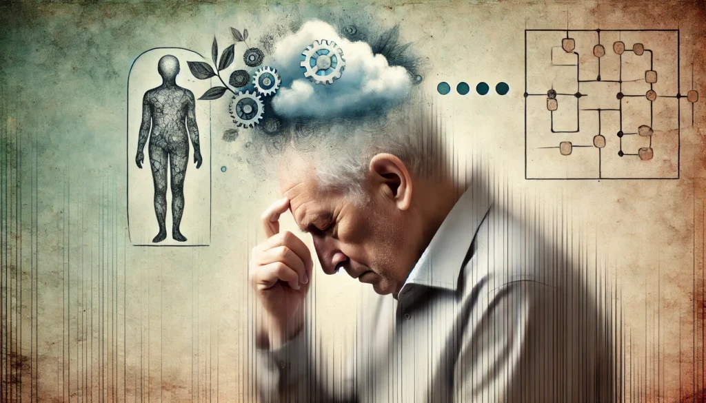 An elderly person struggling to remember something, with a blurred background and faded thought bubbles symbolizing memory loss. The background is soft and neutral, emphasizing cognitive decline.