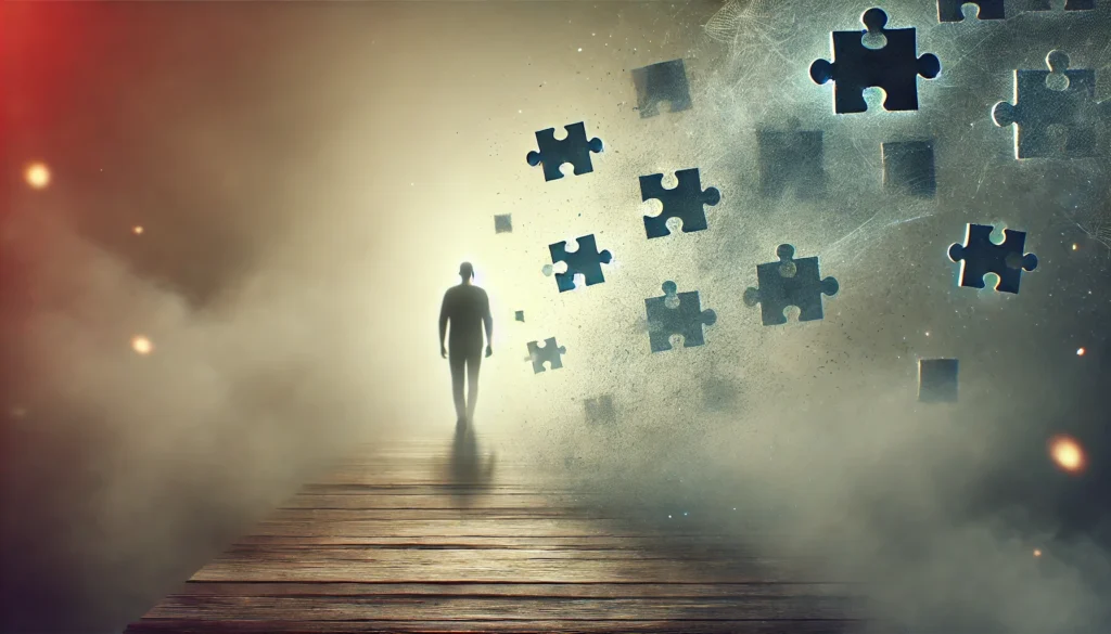 A person walking through a foggy path with pieces of their memories fading away behind them, symbolizing forgetfulness and cognitive impact due to depression. The background is soft and somber, emphasizing emotional distress and mental fog.