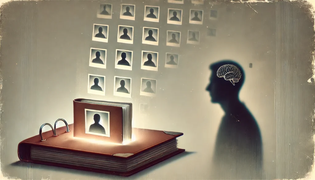 A person staring at a blank photo album, symbolizing lost memories and cognitive struggles due to depression. The background is soft and dim, emphasizing emotional emptiness and mental fog.