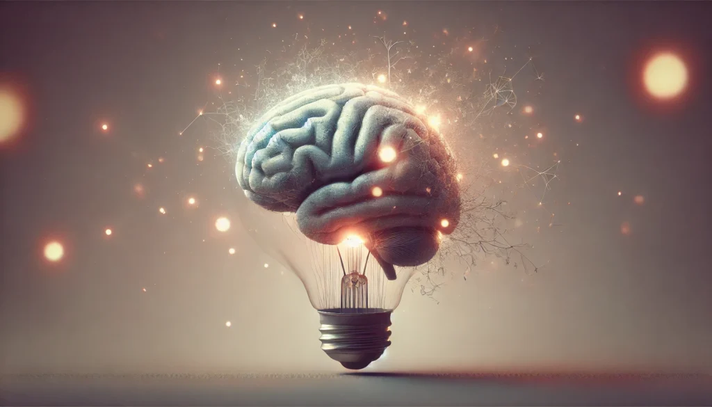 A brain with fading light and fragmented neural connections, symbolizing cognitive decline and difficulty in recalling memories due to depression. The background is soft and melancholic, emphasizing mental health struggles.