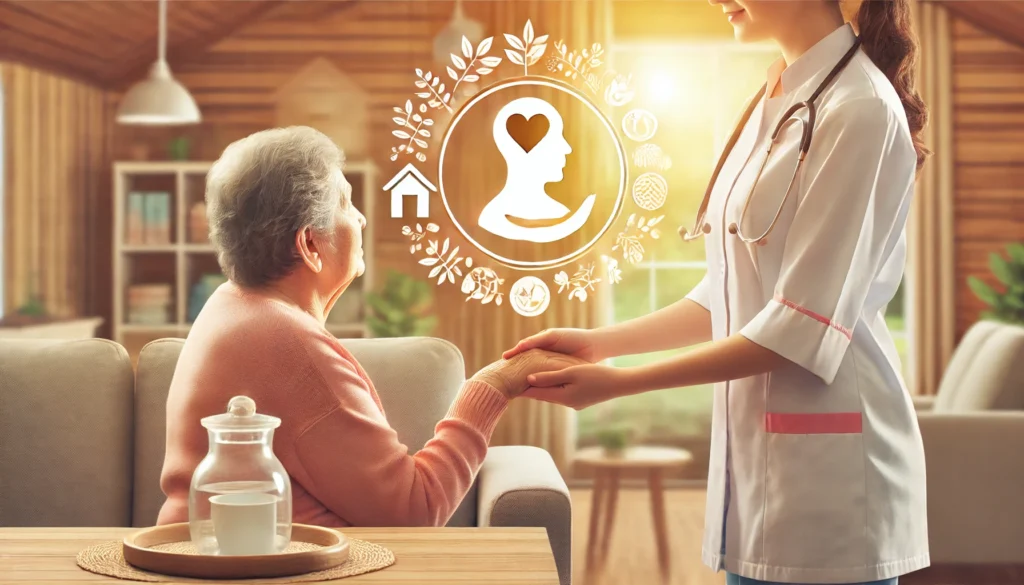 An elderly person receiving compassionate assistance from a caregiver in a bright and cozy living space, symbolizing personalized care and comfort. The background is warm and peaceful, emphasizing dignity and quality of life.