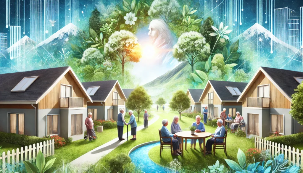 A serene and secure senior residence with nature-filled surroundings and happy elderly residents, symbolizing comfort and peace of mind. The background is bright and inviting, emphasizing a safe and caring environment.